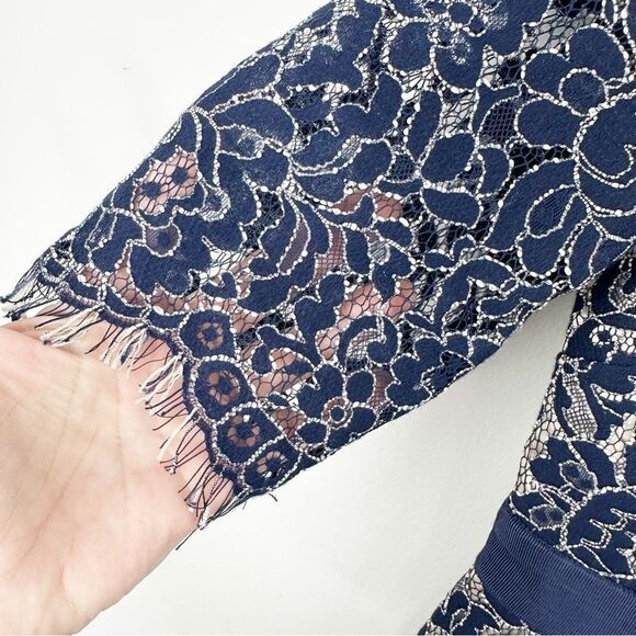 Eliza J | Navy Blue Fitted Lace-Overlay Dress Crystal Embellishment Open-Back 2P - Picture 7 of 14
